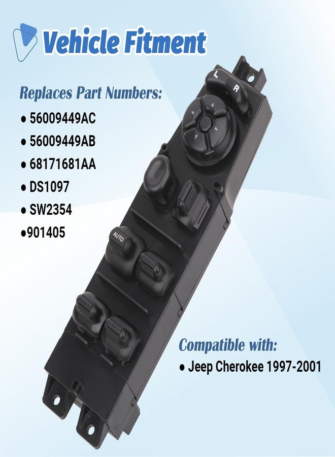 AiYiGu Power Master Window Switch Front Left Driver Side Control Button Compatible with 1997 1998 1999 2000 2001 Jeep Cherokee Replacement OEM 56009449AC, 56009449AB, 68171681AA, 1 Auto Button - Image 2